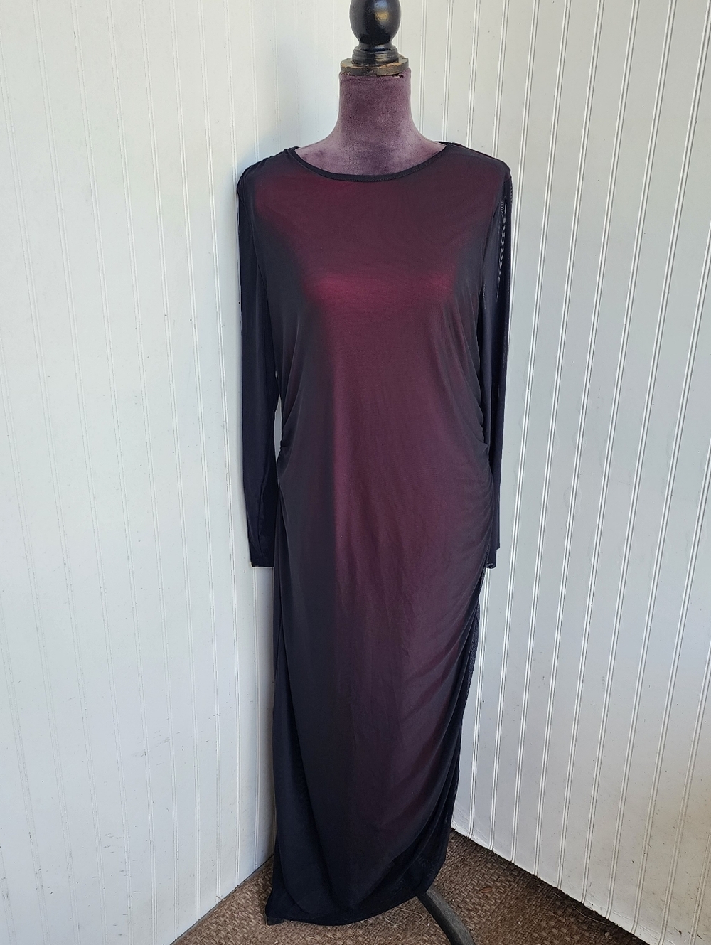 SHEIN Curve Chic Black Pink Mesh Long Sleeve Dress Strrtch Rutched Sides Sz 2XL